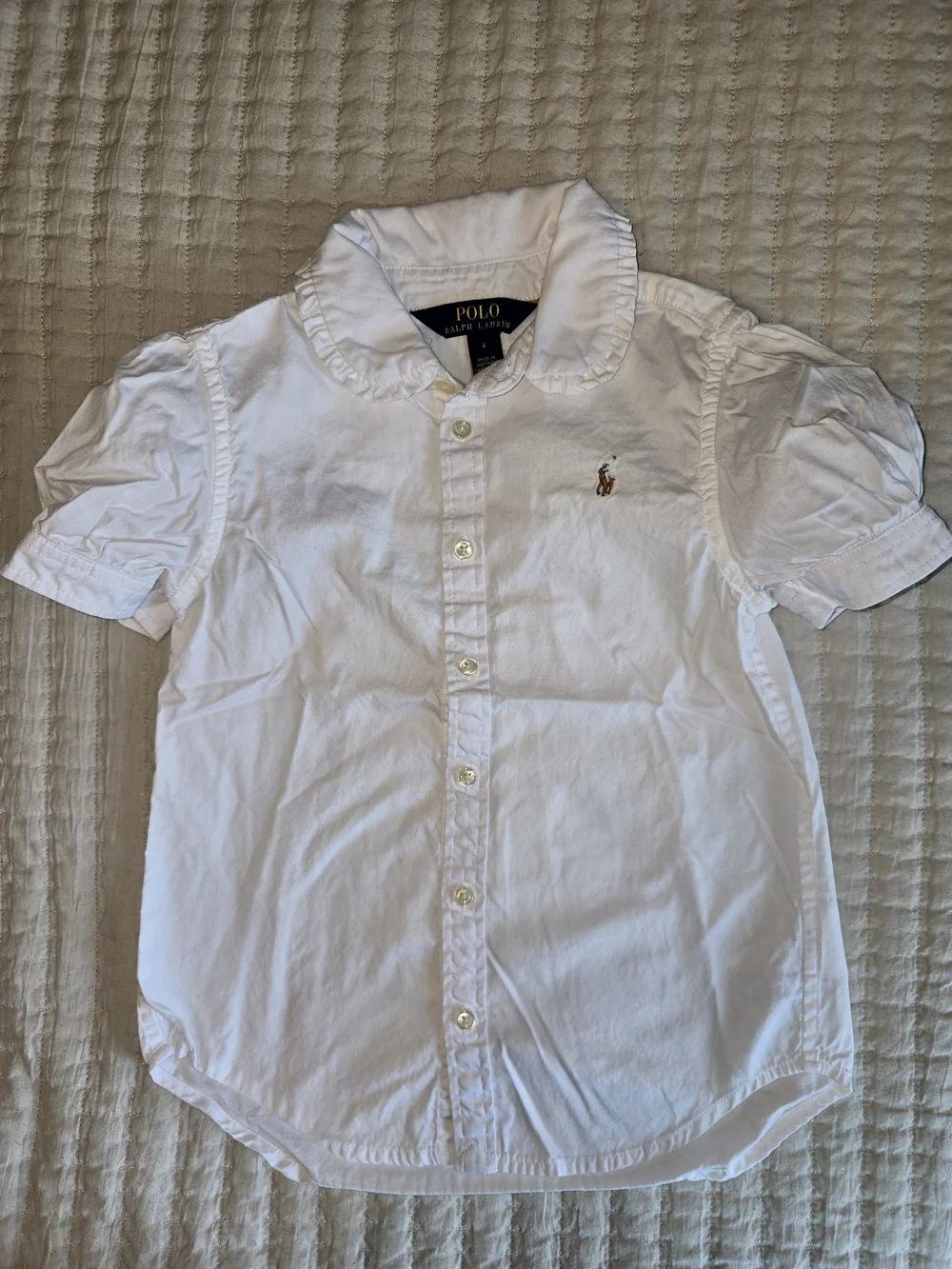 Ralph Lauren Girls' White Puff-Sleeve Shirt With Ruffled Peter Pan Collar